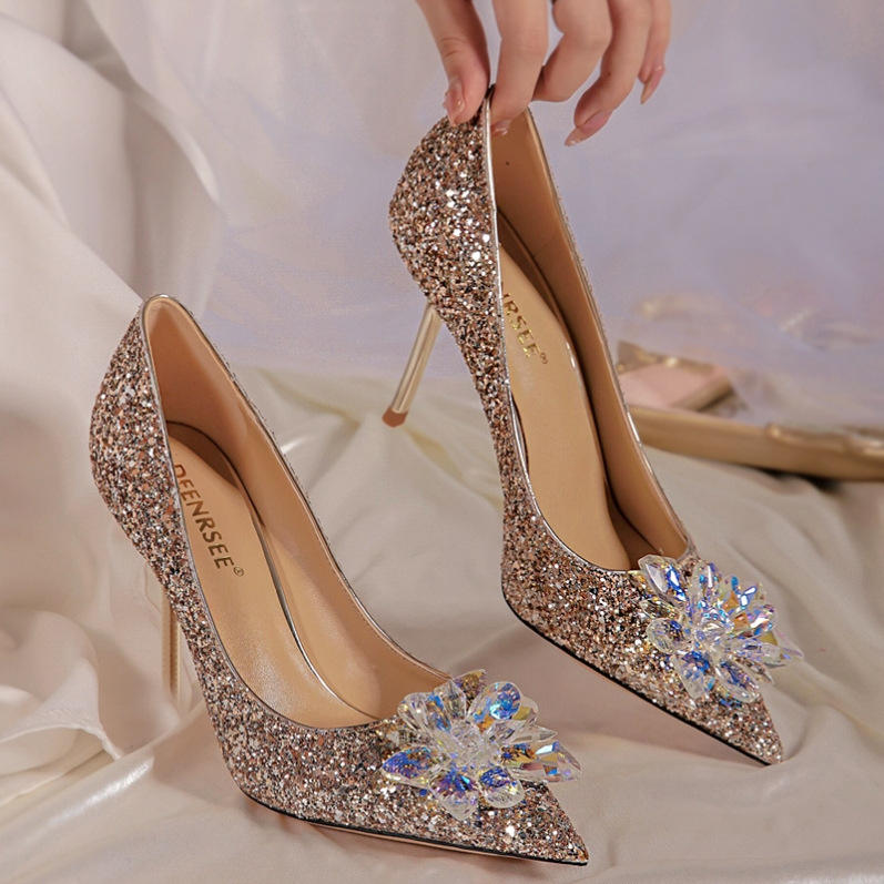 New Cinderella shoes, rhinestone high heels, women's pointed toe crystal shoes, women's crystal party wedding shoes