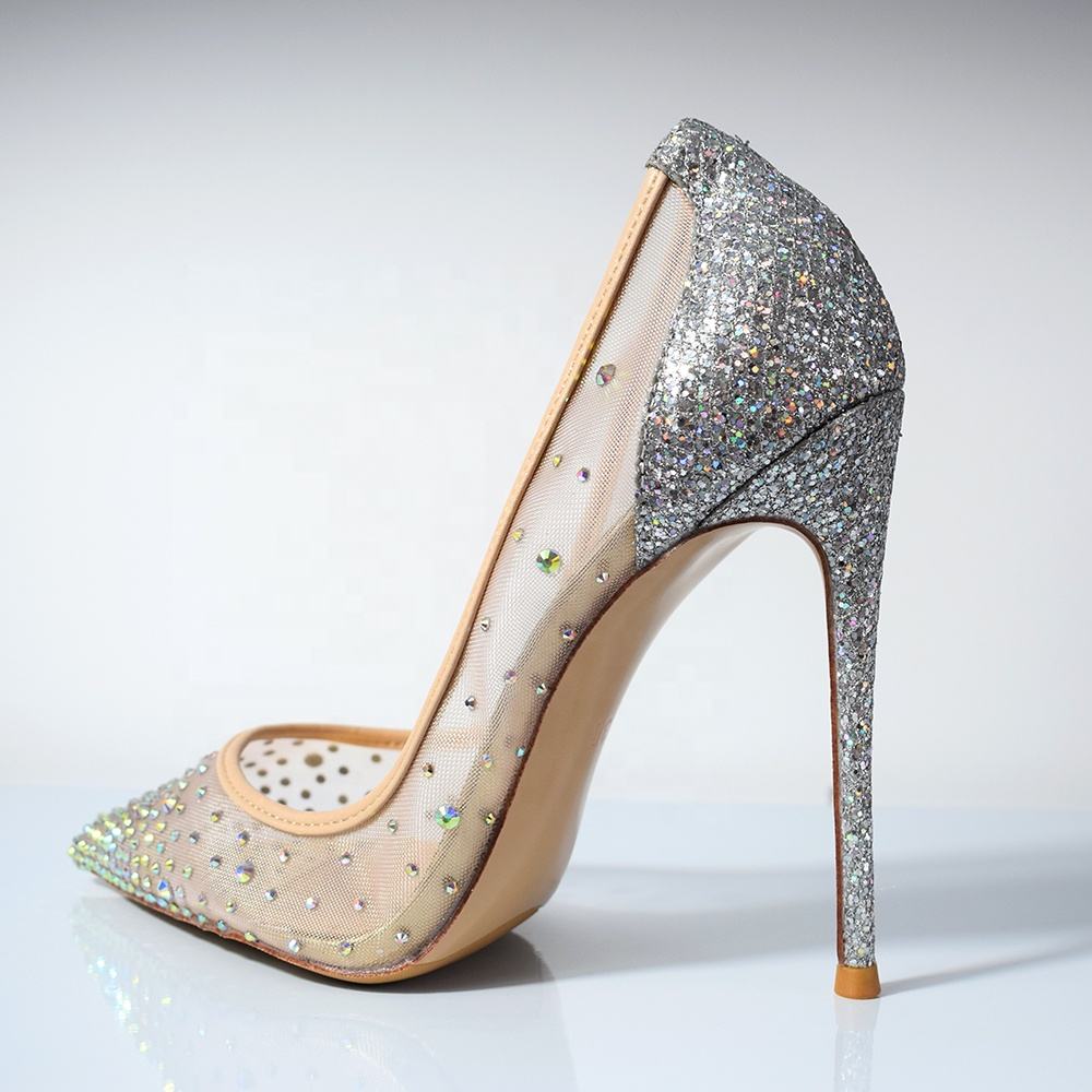 Sexy stiletto high heels for women, pointed toe women's rhinestone sparkling high heels, silver women's high heels, crystal wedding shoes