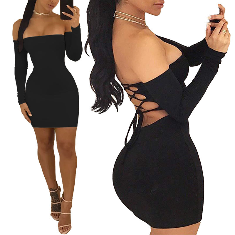 Plus size women's off-shoulder bandage long-sleeve mini dress, sexy bodycon dress