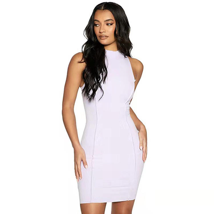 Hot summer mini dress, sexy O-neck hip sleeveless ribbed tight dress