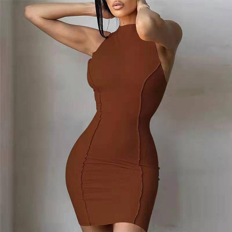 Hot summer mini dress, sexy O-neck hip sleeveless ribbed tight dress