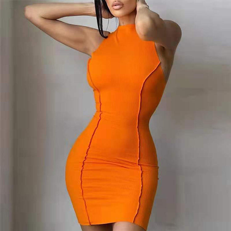 Hot summer mini dress, sexy O-neck hip sleeveless ribbed tight dress