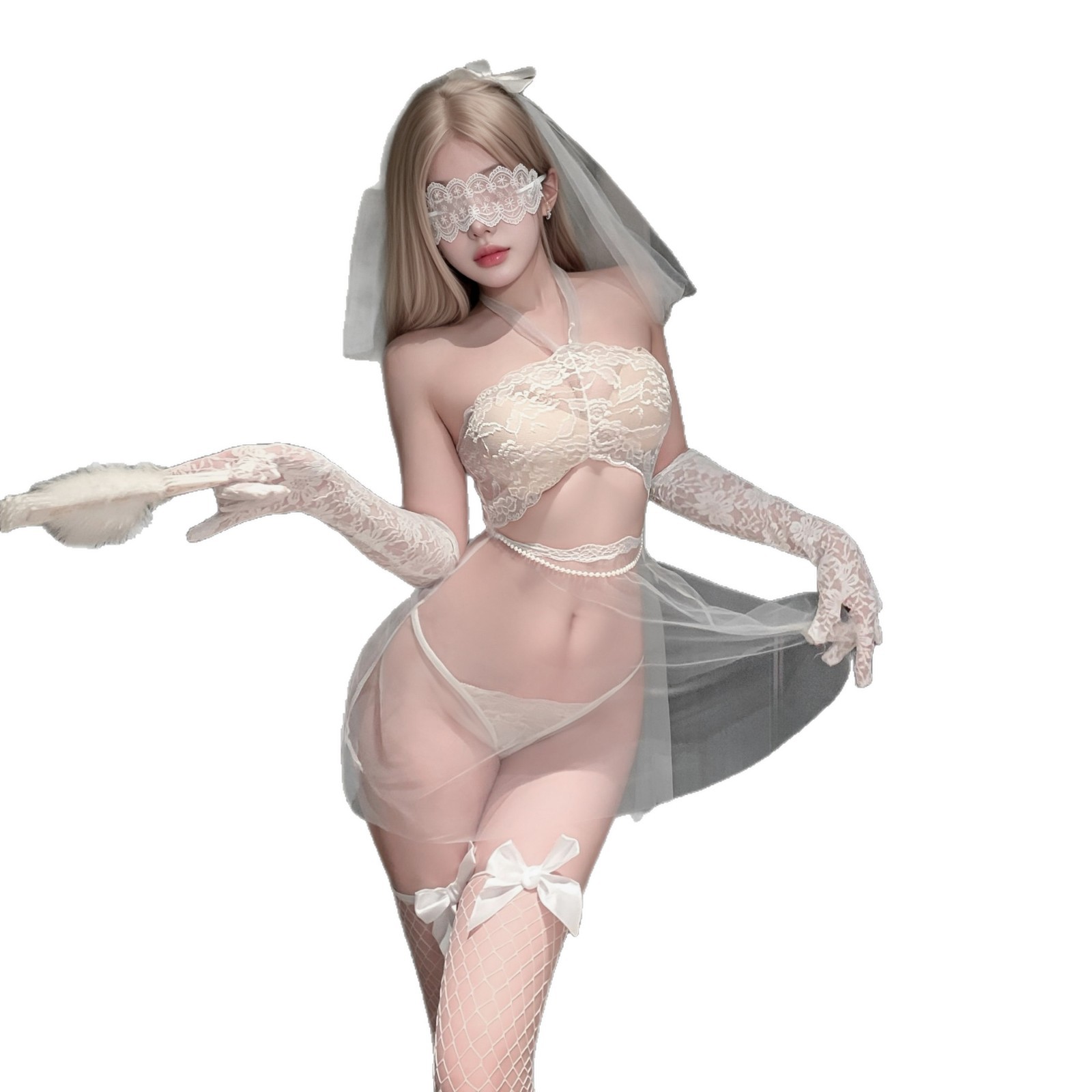 Larger-size sexy, playful, cute COS bride costume set with see-through straps and a topless bodysuit.