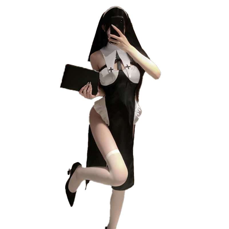 Sexy lingerie set in the style of dark nuns for Halloween – a provocative, sexy outfit that doesn’t need to be removed, ideal for seductive sleepwear for women.