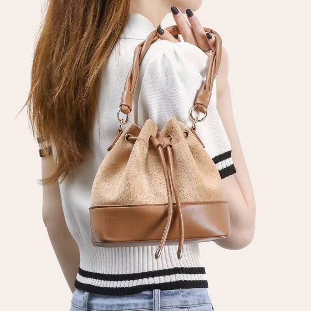 Women's cork leather crossbody bag, elegant shoulder bag for ladies, custom printed drawstring bucket bag