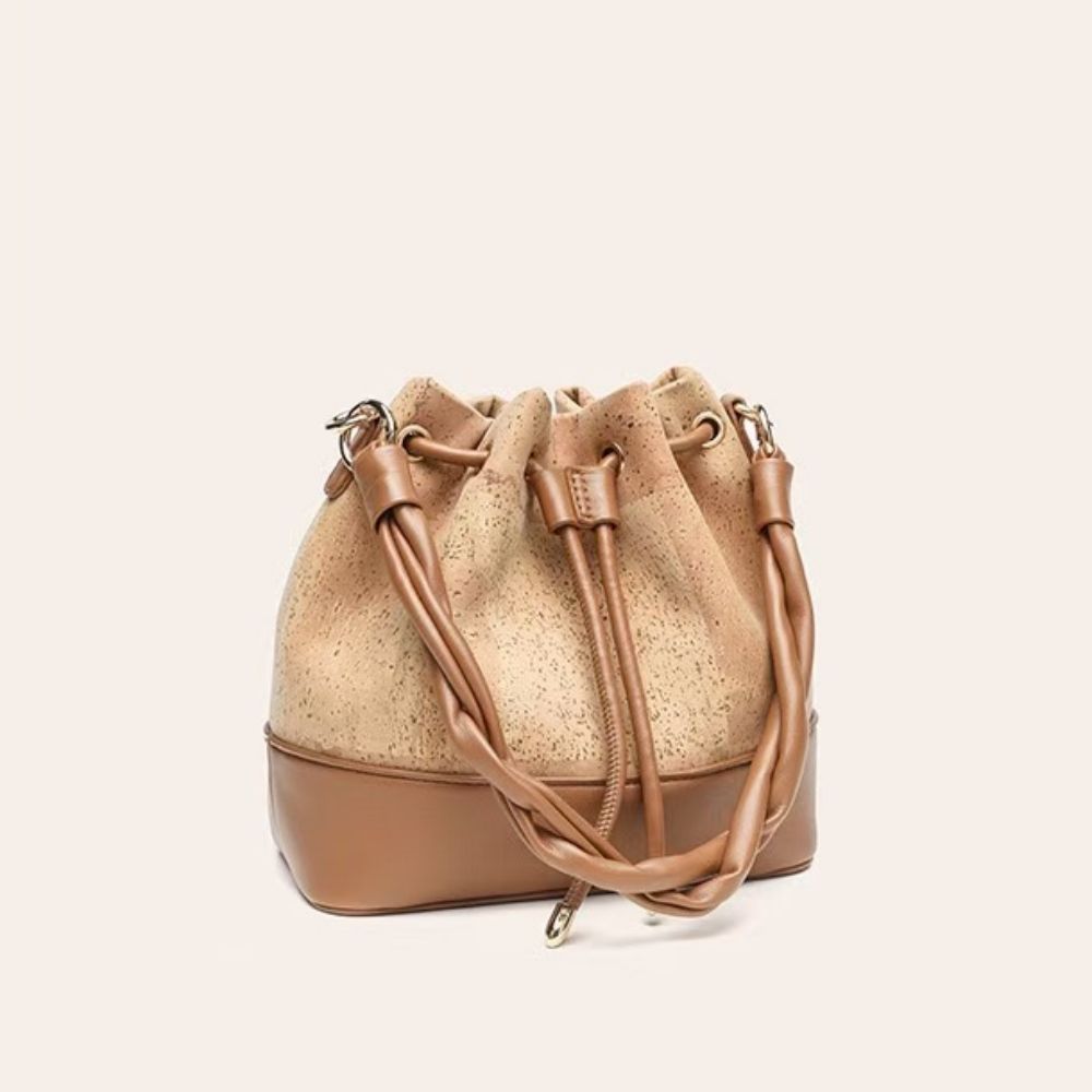 Women's cork leather crossbody bag, elegant shoulder bag for ladies, custom printed drawstring bucket bag
