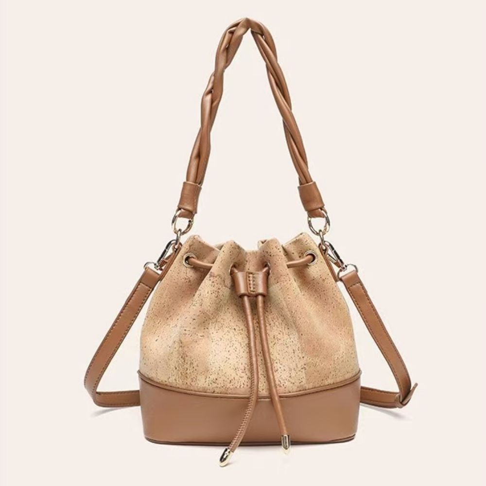 Women's cork leather crossbody bag, elegant shoulder bag for ladies, custom printed drawstring bucket bag