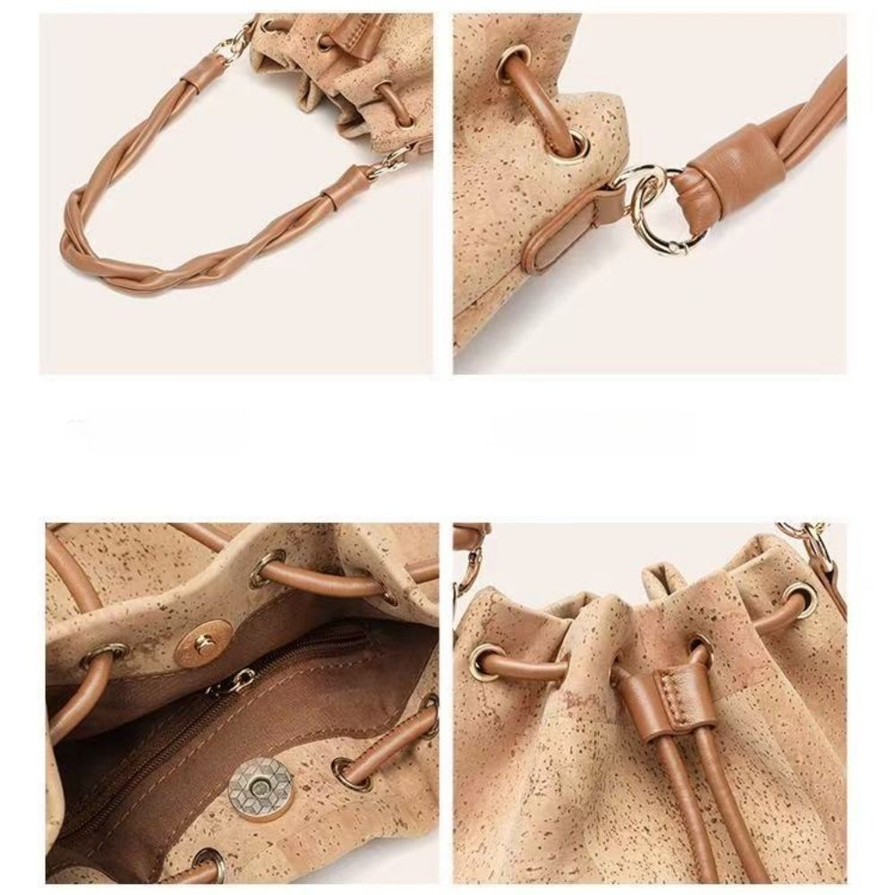 Women's cork leather crossbody bag, elegant shoulder bag for ladies, custom printed drawstring bucket bag