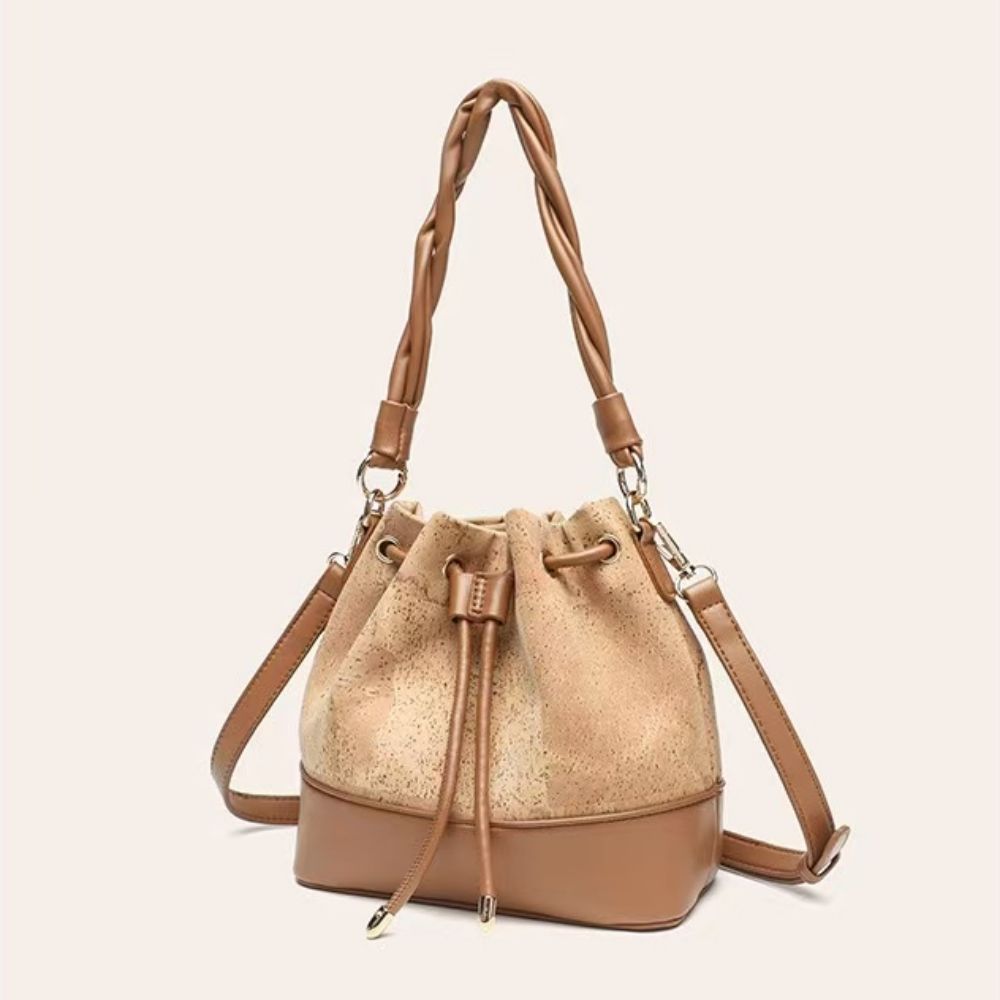 Women's cork leather crossbody bag, elegant shoulder bag for ladies, custom printed drawstring bucket bag