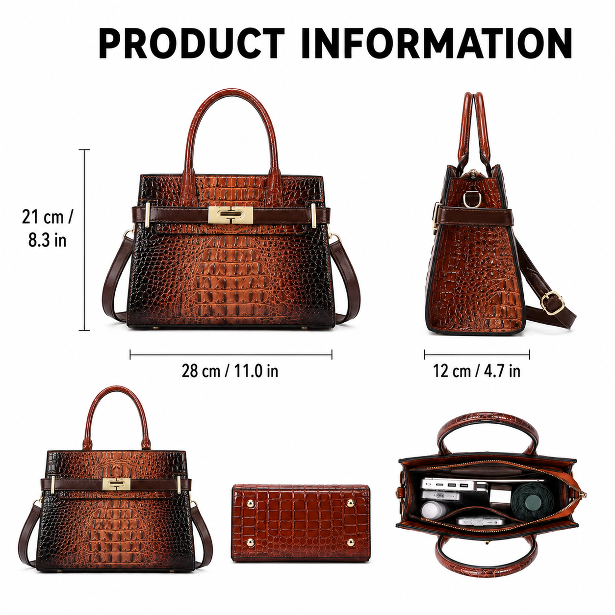 Luxury high-end designer brand PU leather casual handbag, crocodile pattern gold bar lock