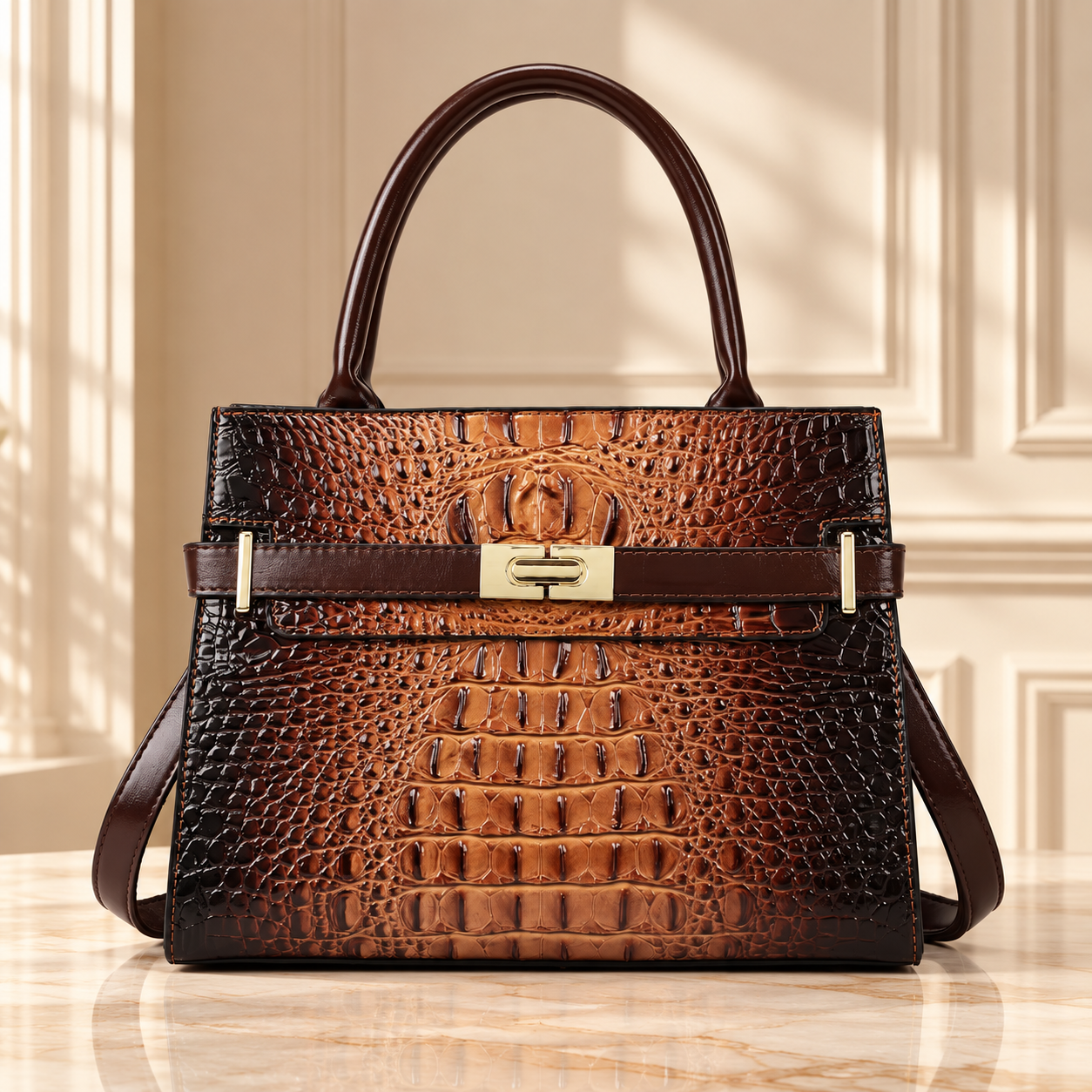 Luxury high-end designer brand PU leather casual handbag, crocodile pattern gold bar lock