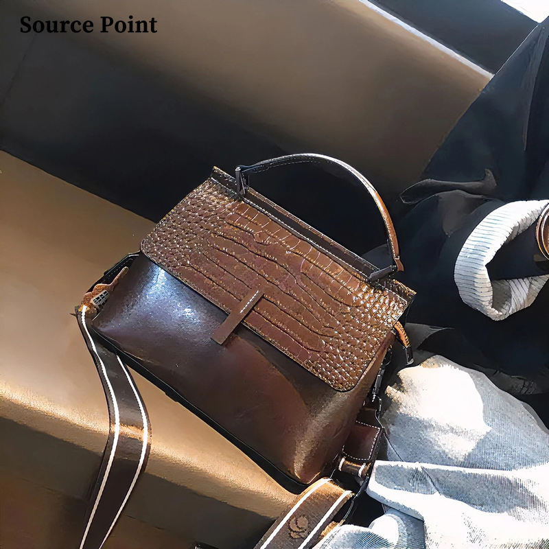 Vintage vintage genuine leather handbag, crocodile print shoulder shell handbag, adjustable strap, crossbody bag
