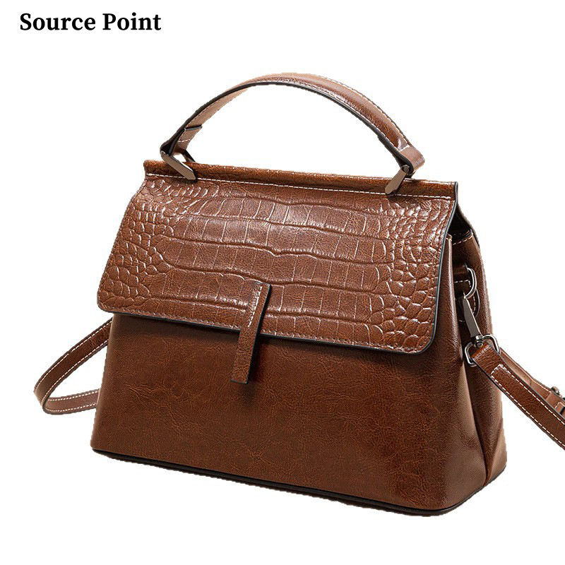 Vintage vintage genuine leather handbag, crocodile print shoulder shell handbag, adjustable strap, crossbody bag