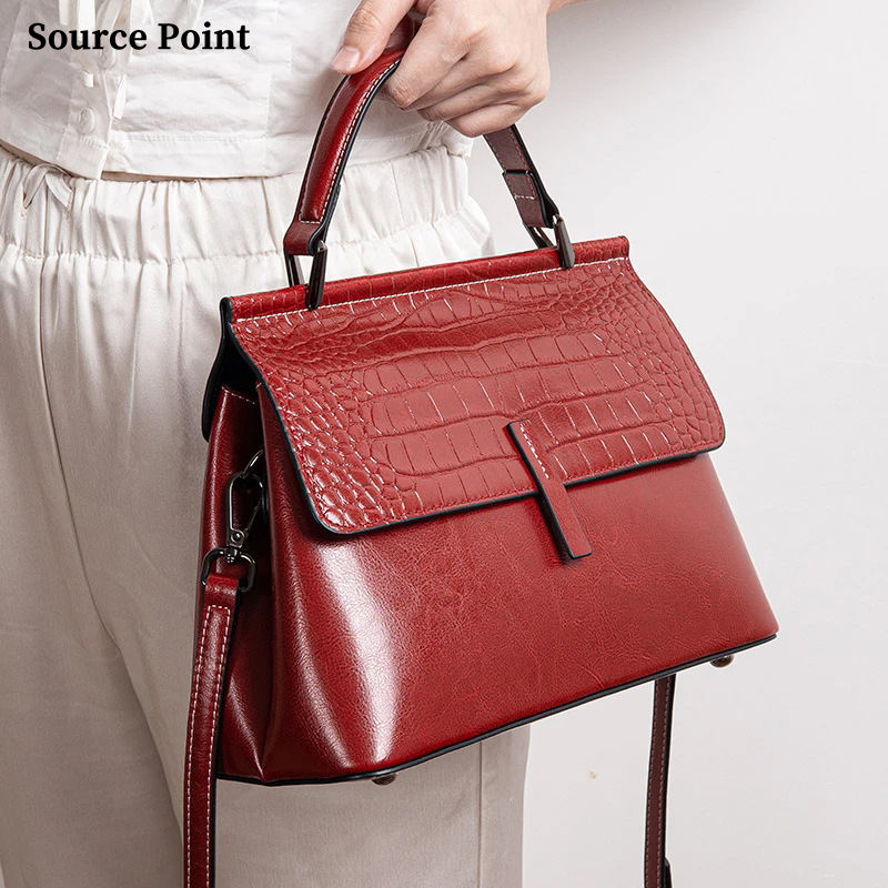Vintage vintage genuine leather handbag, crocodile print shoulder shell handbag, adjustable strap, crossbody bag