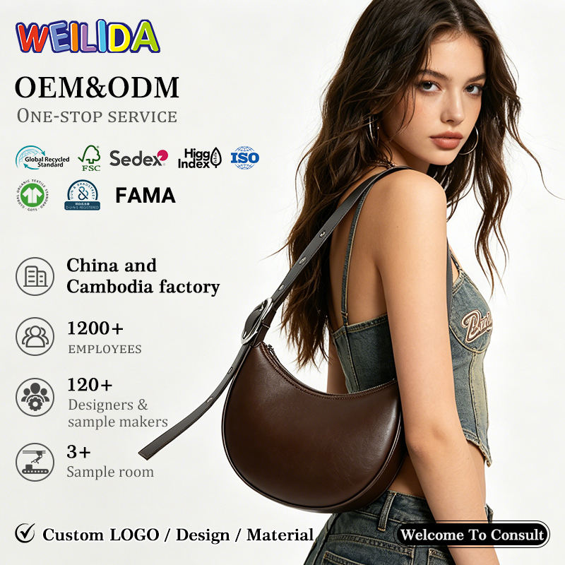 OEM ODM custom adjustable shoulder strap women's brown crescent-shaped underarm bag