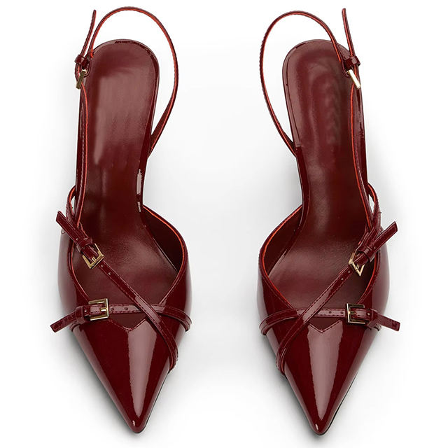 Fashionable new women's open-heel pointed toe strap high heels, burgundy PU stiletto