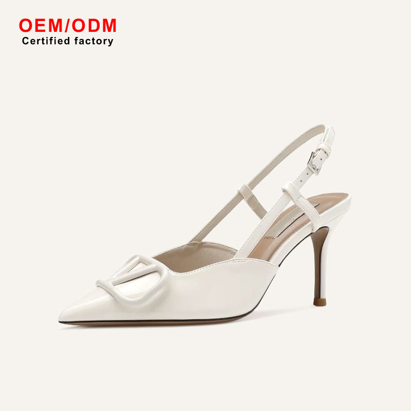 Premium white genuine leather open-heel high heels, elegant pointed stiletto heels, professional office business formal shoes, V logo
