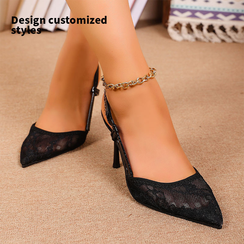 Custom new luxury women's sexy pointed toe stiletto heels, lace embroidery upper PU with buckle collar for women