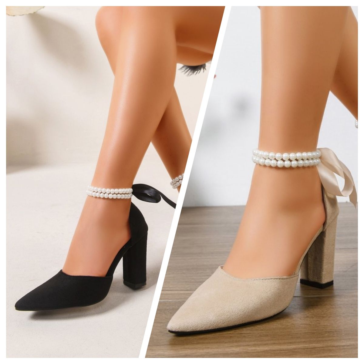 Women's imitation suede pearl ankle chunky heels, pointed toe side cut-out ribbon butterfly wedding high heels