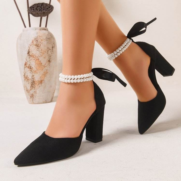Women's imitation suede pearl ankle chunky heels, pointed toe side cut-out ribbon butterfly wedding high heels