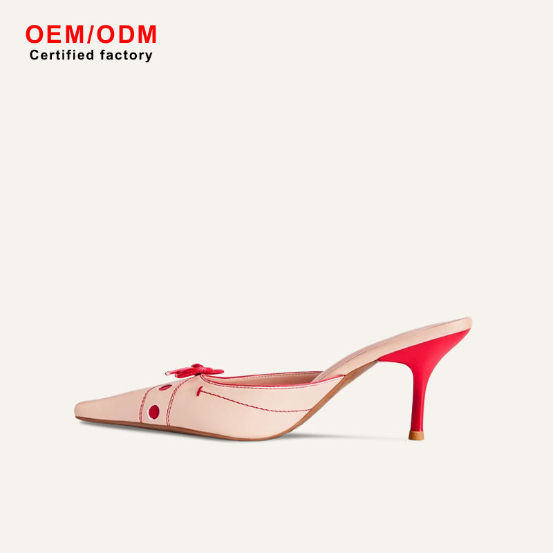 Elegant leather pointed toe mules, two-tone kitten heels, fashionable bow decoration, simple sliding shoes, designer brand party office shoes