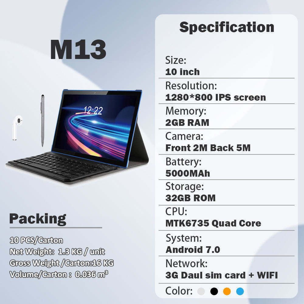10-inch tablet 2.4g 5g WiFi 3G SIM card Android 7.0 quad-core 1280*800 IPS Budget tablet with keyboard