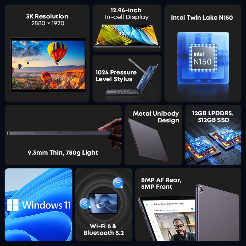 CHUWI Hi10 Max Intel N150 tablet laptop 12.96-inch IPS Win 11 12GB 512GB SSD WiFi 6 Metal Camera Magnetic Keyboard New Business Model